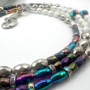 Boujee Beaded Dog Leash - Dark Opalescence & White, Silver Beads - Handmade